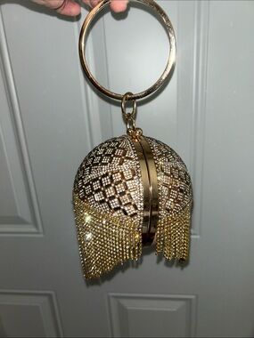 Evening Handbag Gold Rhinestone Fringe Sphere